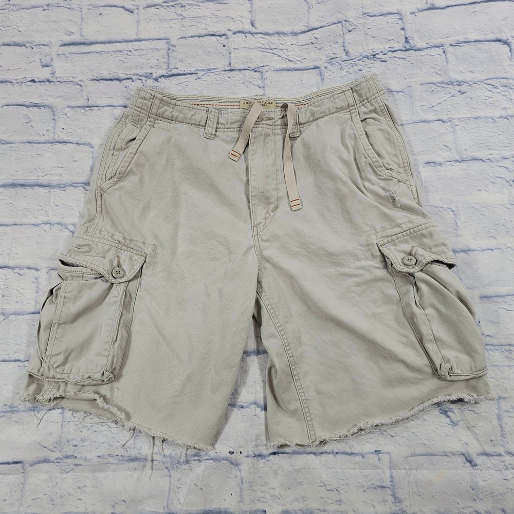American Eagle Cargo Shorts Mens 33 Tan Distressed Raw Hem Rugged Utility Y2K